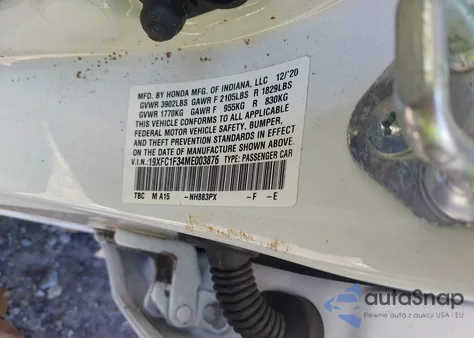 2021 Honda Civic Ex z USA, uszkodzony, nr VIN 19XFC1F34ME003876